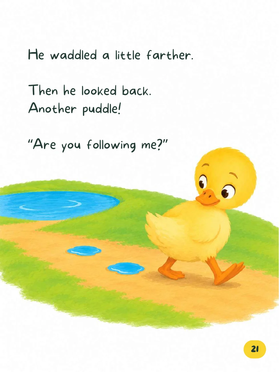 Little Duck looks back at the wet footprints following him.
