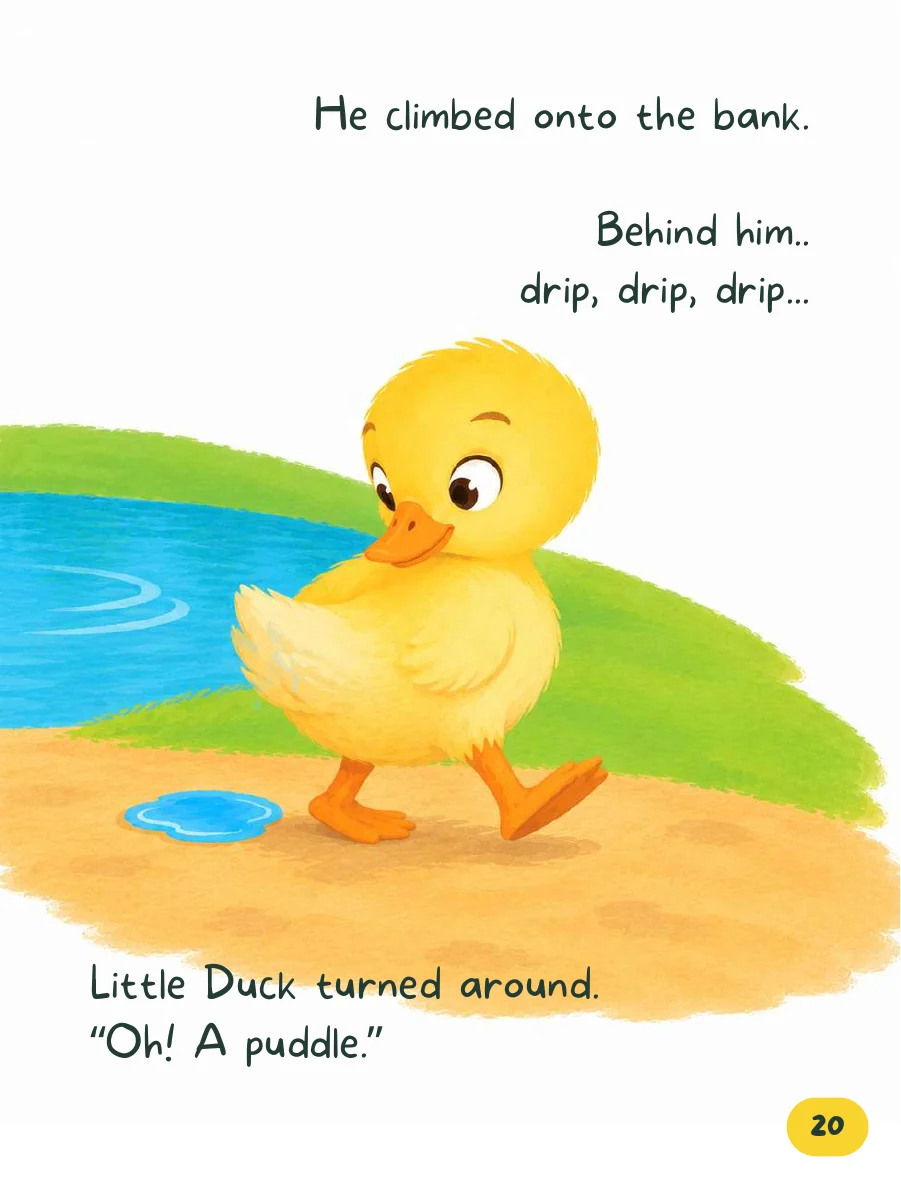 Sample page: Little Duck climbs onto the bank and finds a puddle.