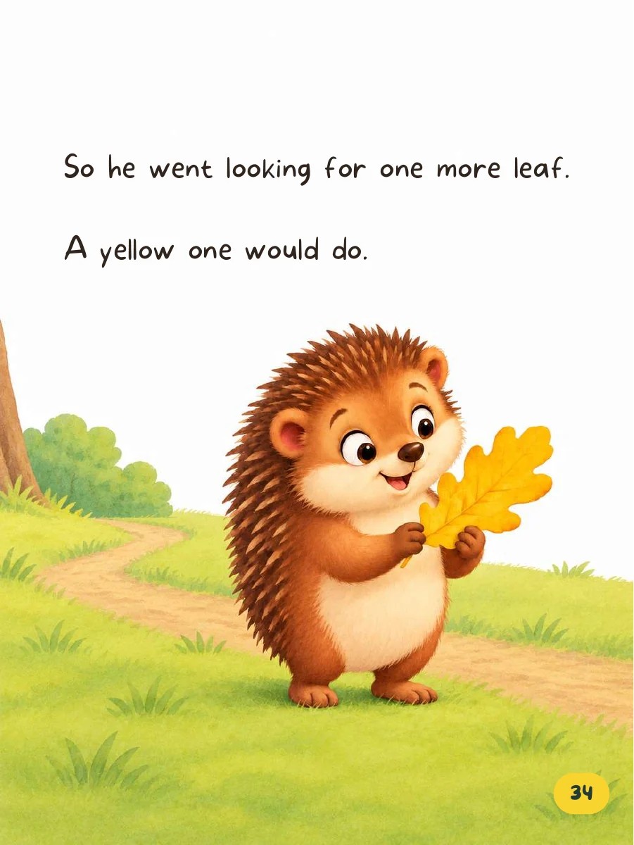 Hedgehog carries a yellow leaf for his little bed.