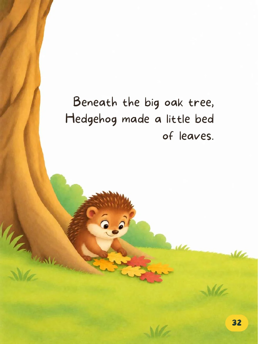 Beneath a big oak tree, Hedgehog makes a little bed of leaves.