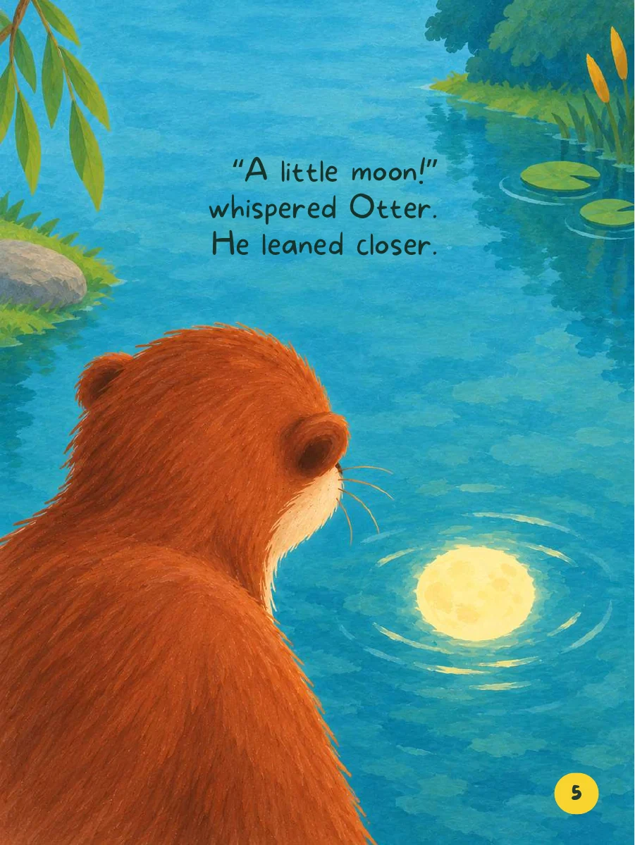 Otter peers at a little moon reflected in the water.