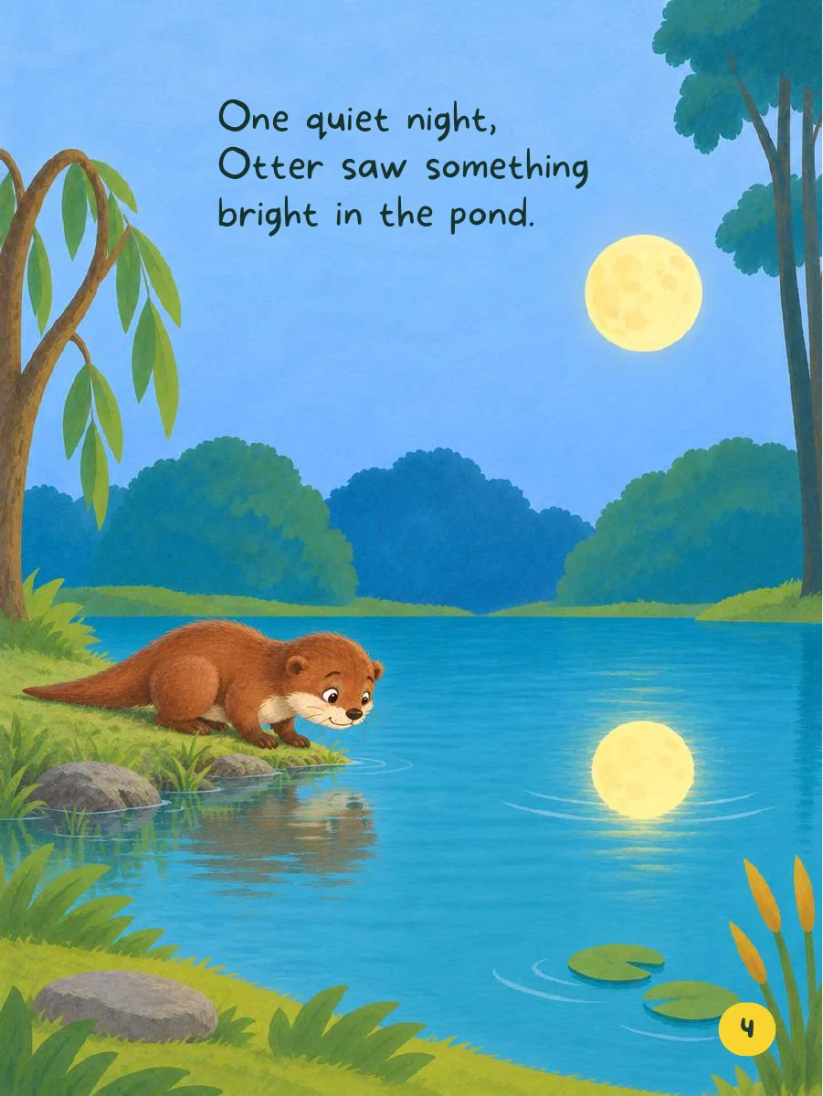 Story page 4: One quiet night, Otter saw something bright in the pond.